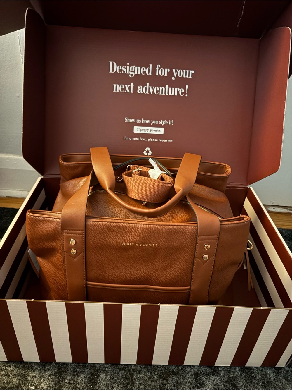 Poppy & Peonies Cognac Travel Tote with Detachable Strap
